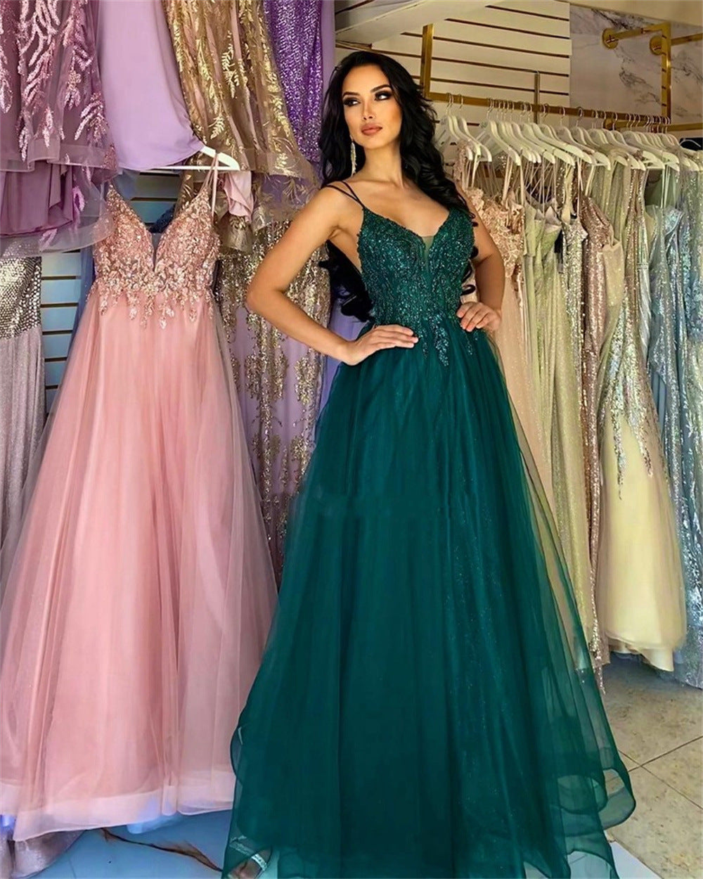 Dark Green Banquet Host Evening Dress