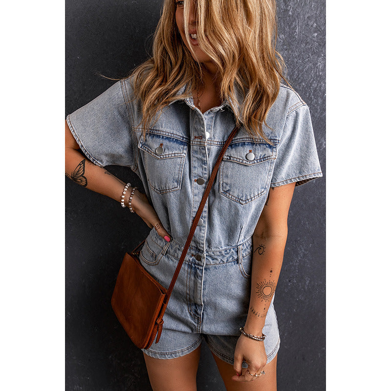 Retro Washed Short Sleeve Rompers Women