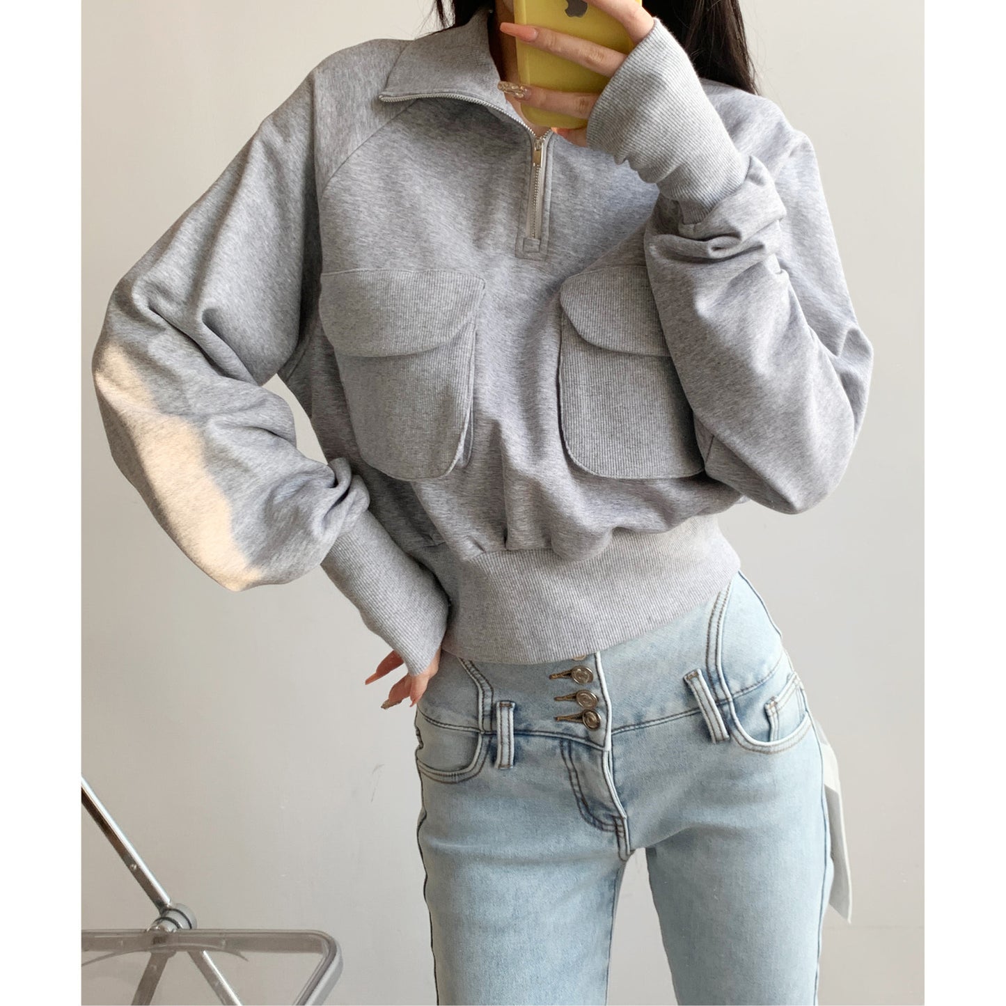 Loose Casual Stand Collar Half Zip Pullover Slimming Sweater Jacket