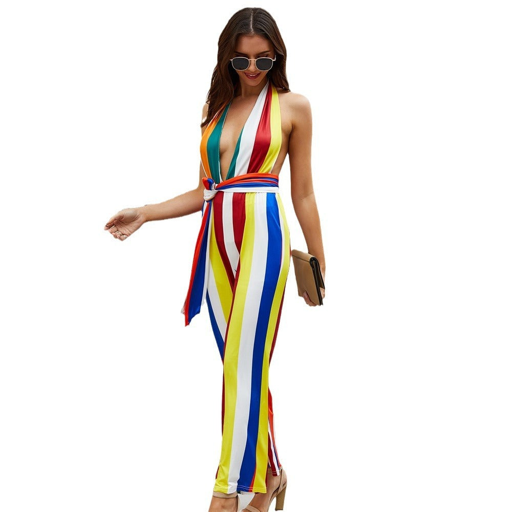 Women's V-neck Colorful Striped Jumpsuit