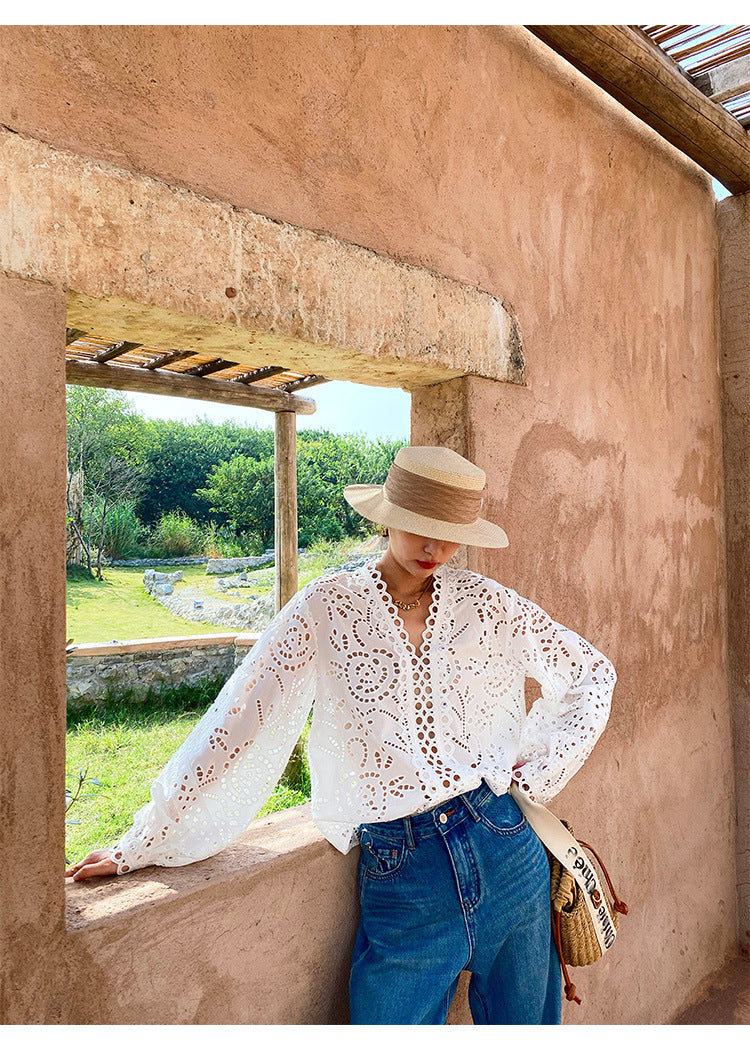 Cotton Embroidered French White Shirt Women's Long Sleeve Design Sense