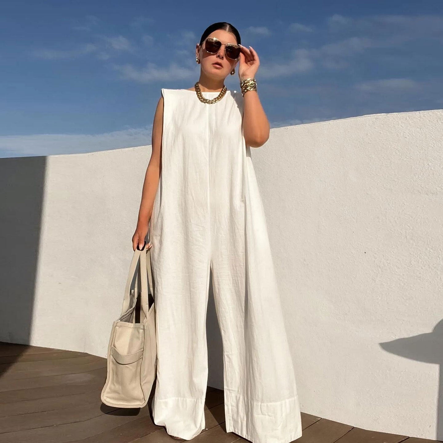 European And American Leisure Solid Color Wide Leg Jumpsuit