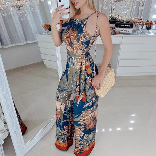 Hanging Peacock Feather Printed Holiday Style Jumpsuit