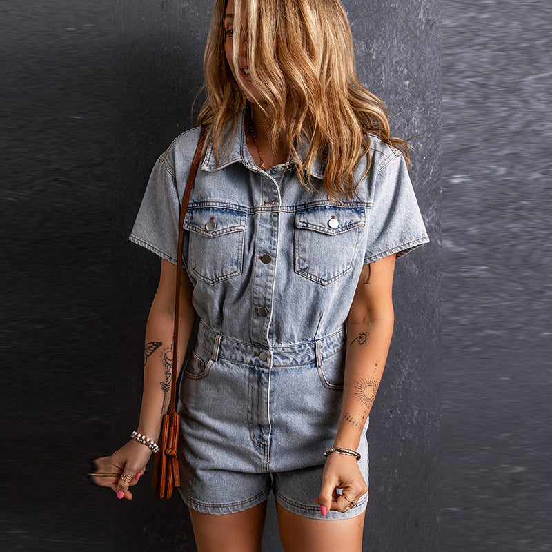 Retro Washed Short Sleeve Rompers Women