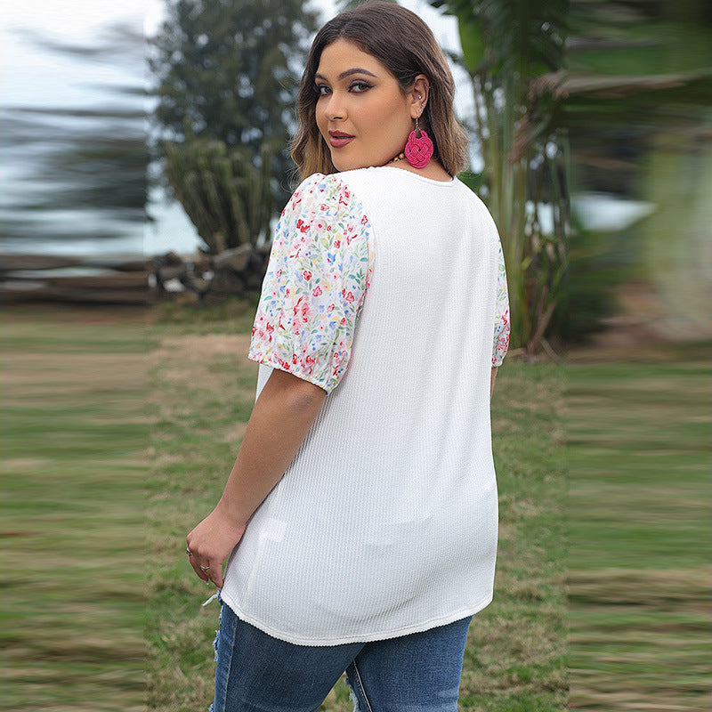 Women's Floral Puff Sleeve Casual Loose Short Sleeves