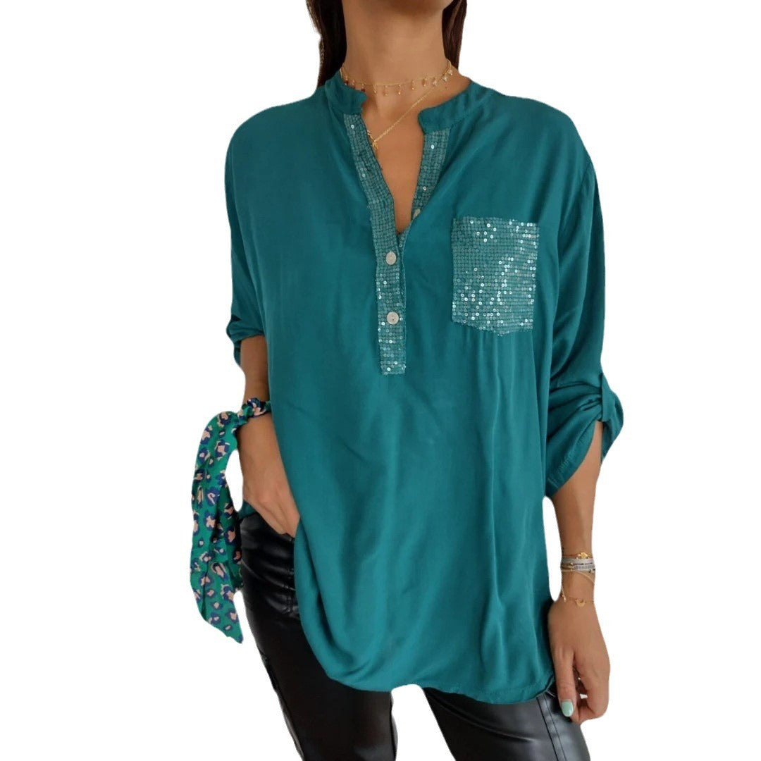 Women's Casual V-neck Pocket Patchwork Sequin Shirt