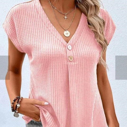 Women's Clothing European And American Top Solid Color Buttons Fashion Short Sleeve