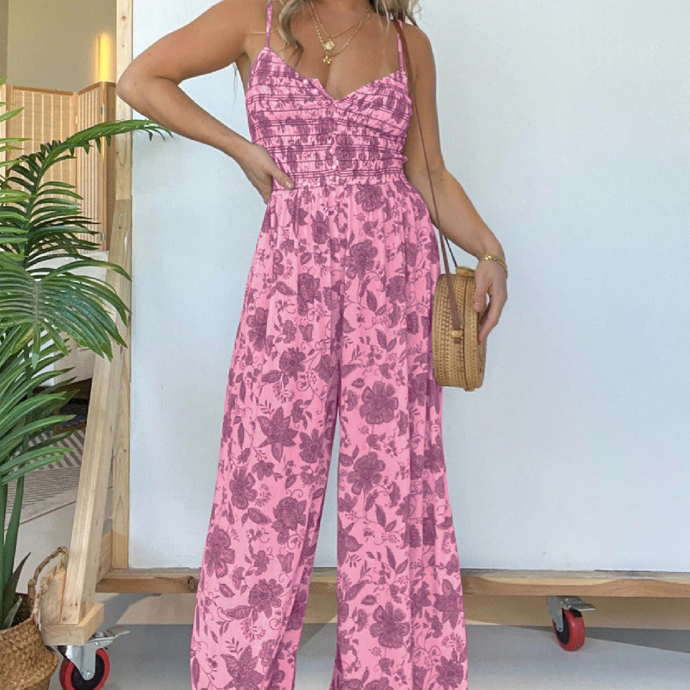 Floral Strap One-piece Wide-leg Pants