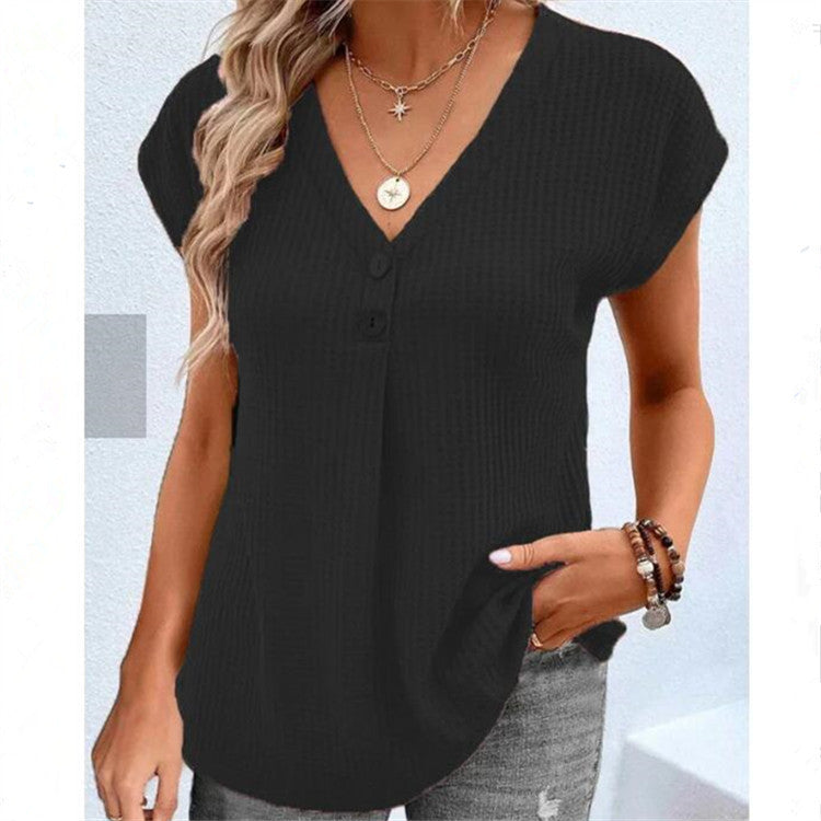 Women's Clothing European And American Top Solid Color Buttons Fashion Short Sleeve