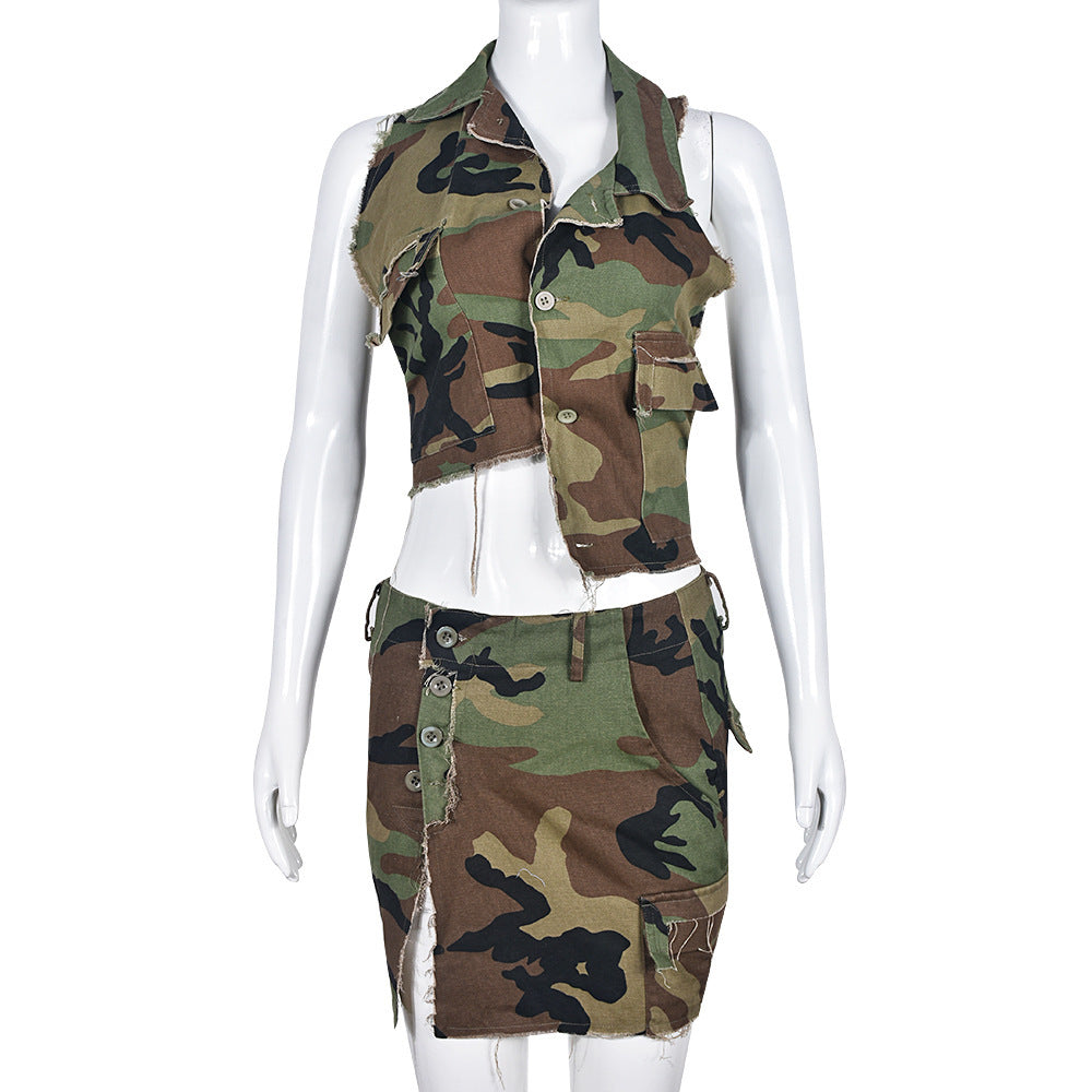 Personalized Trendy Backless Halter Lace-up Camouflage Top