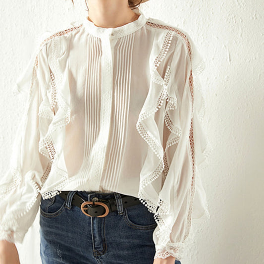 French Linen Elegant Wooden Ear Belly Covering Slimming Loose All-match Lace Sense Of Design Shirt