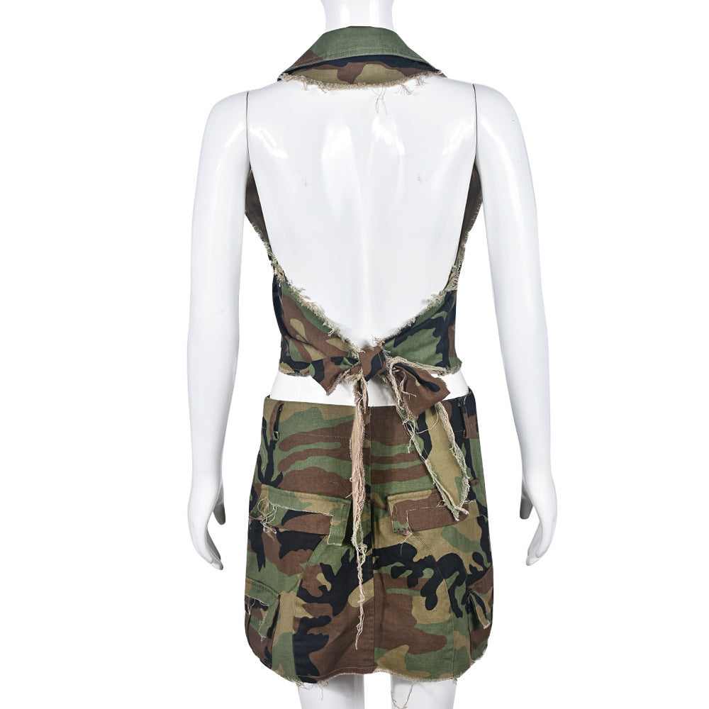 Personalized Trendy Backless Halter Lace-up Camouflage Top