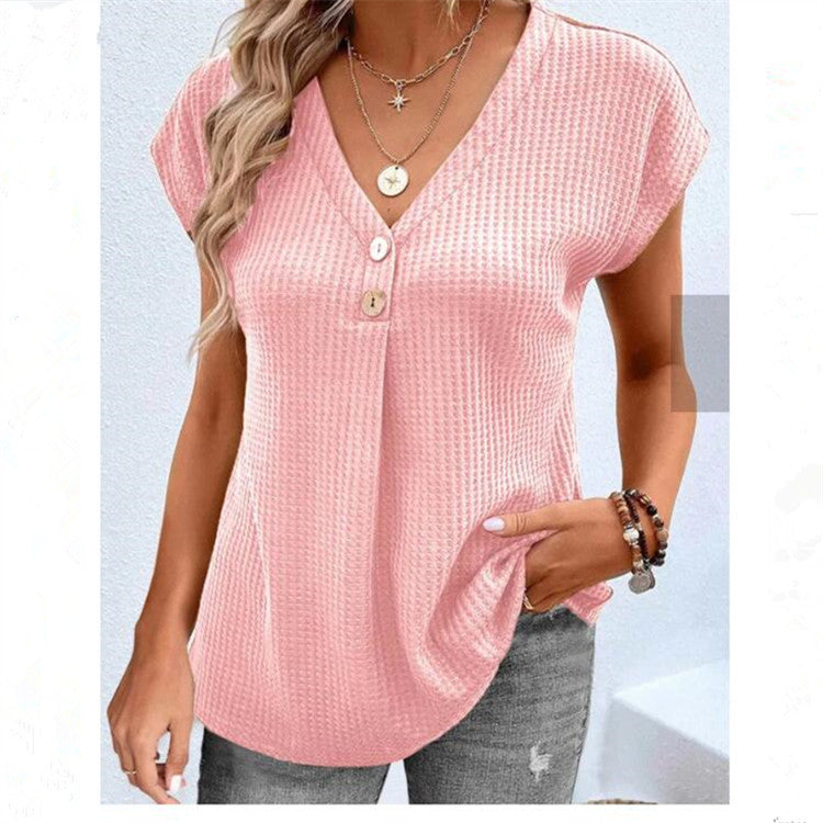 Women's Clothing European And American Top Solid Color Buttons Fashion Short Sleeve