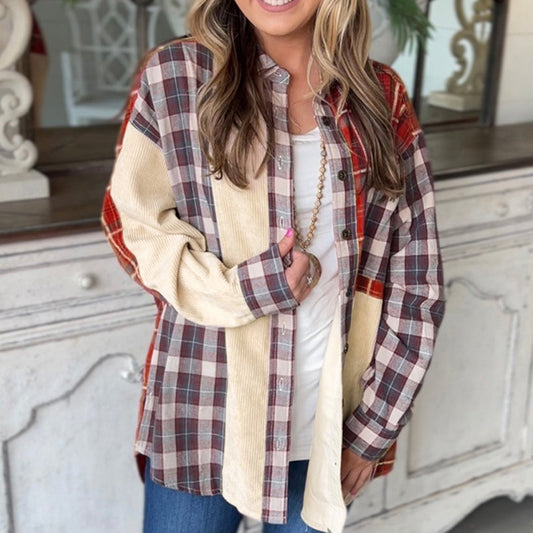 Plaid Corduroy Patchwork Shirt European And American Autumn And Winter Long Sleeve Jacket