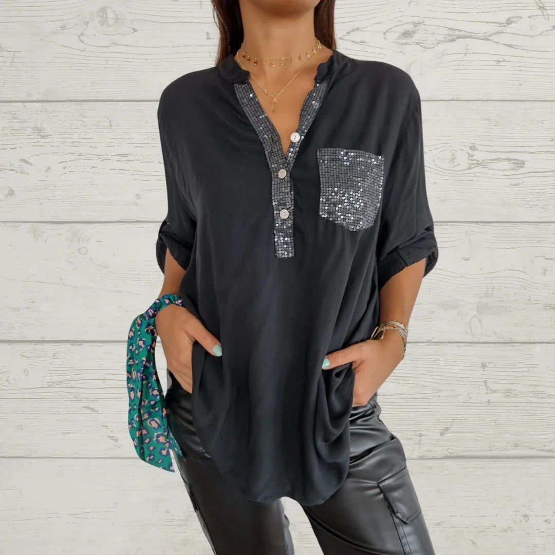 Women's Casual V-neck Pocket Patchwork Sequin Shirt