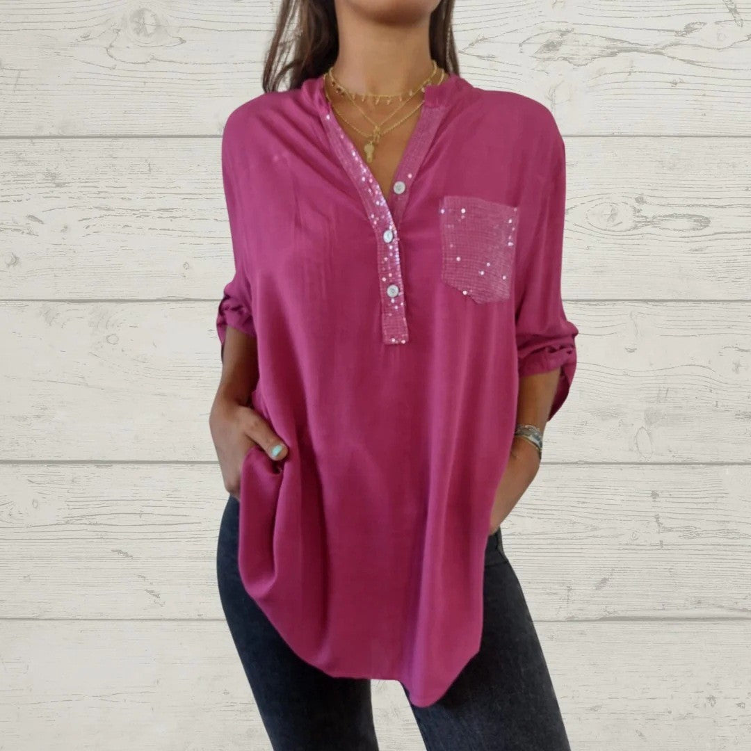 Women's Casual V-neck Pocket Patchwork Sequin Shirt