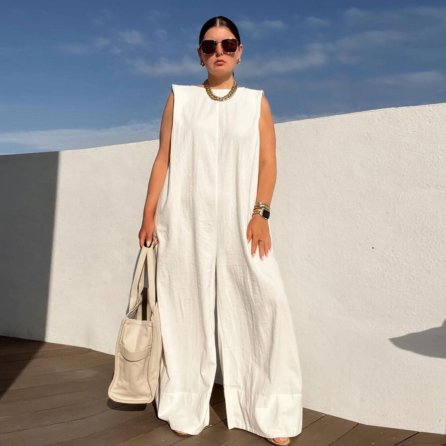 European And American Leisure Solid Color Wide Leg Jumpsuit