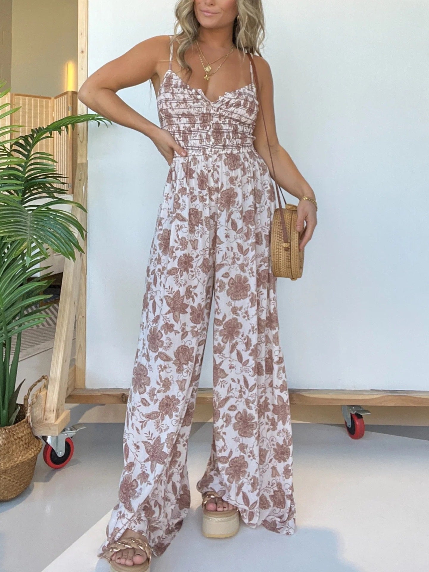 Floral Strap One-piece Wide-leg Pants