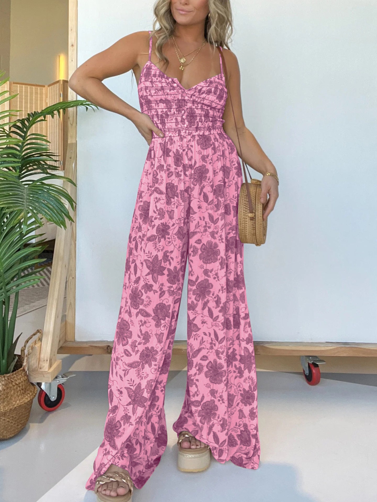 Floral Strap One-piece Wide-leg Pants