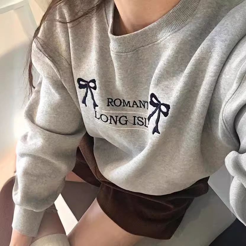 Retro Lazy Bowknot Embroidery Loose Round Neck Terry Sweater