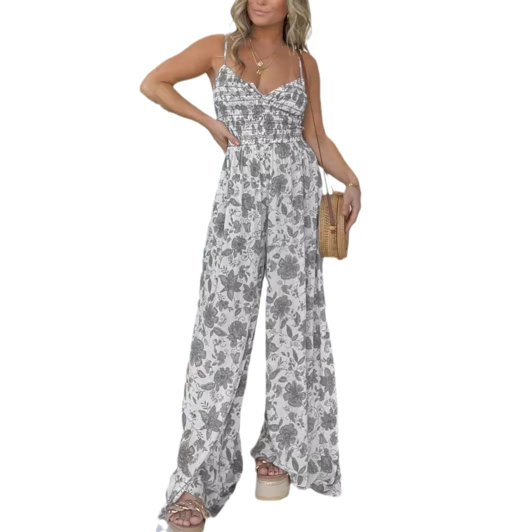 Floral Strap One-piece Wide-leg Pants