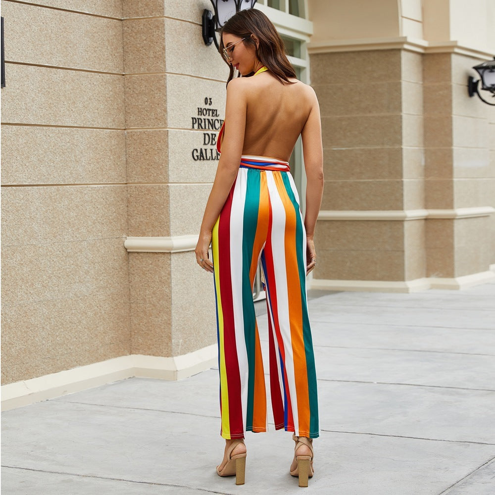 Women's V-neck Colorful Striped Jumpsuit